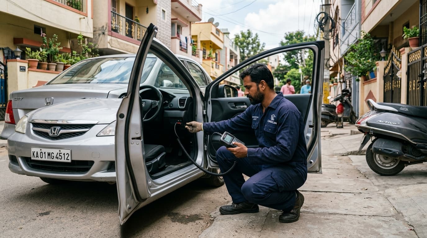 AutoVerify inspector performing OBD scan at doorstep in Hyderabad